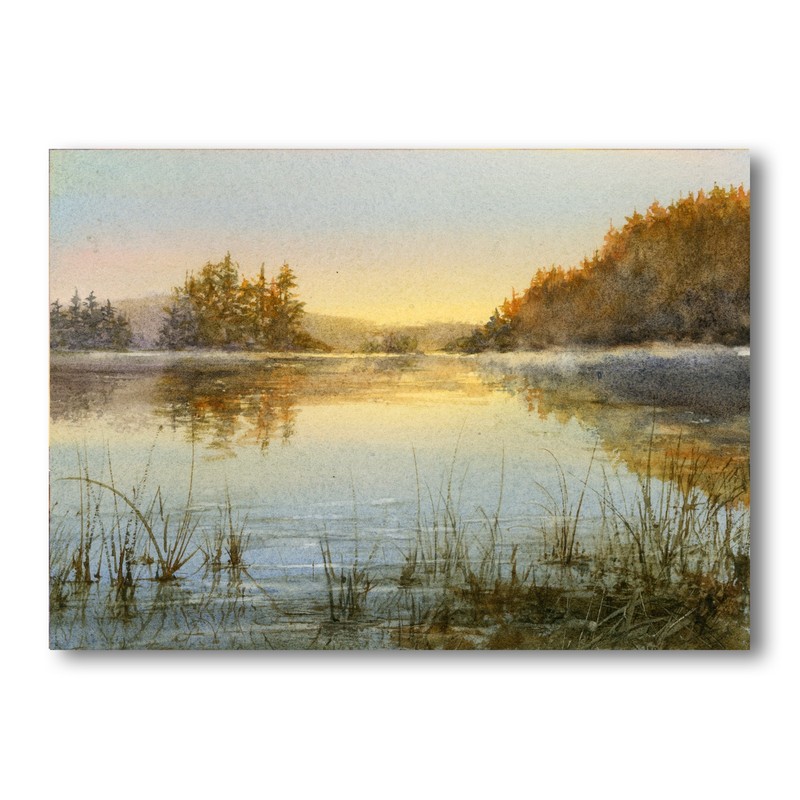 Original Art – Watercolor by LINDA HENRY – Peaceful Fall Sunrise on the Lake