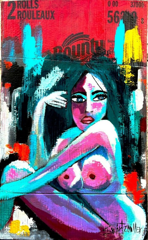 LADY Abstract PAINTING Upcycled Cardboard original SWARTZMILLER DNA SIGNED ART
