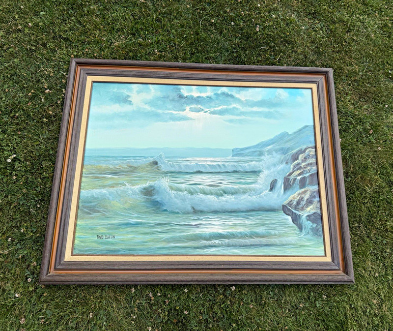 David Burton Signed Framed Canvas Seascape Ocean Waves Rocks 30×40 Painting