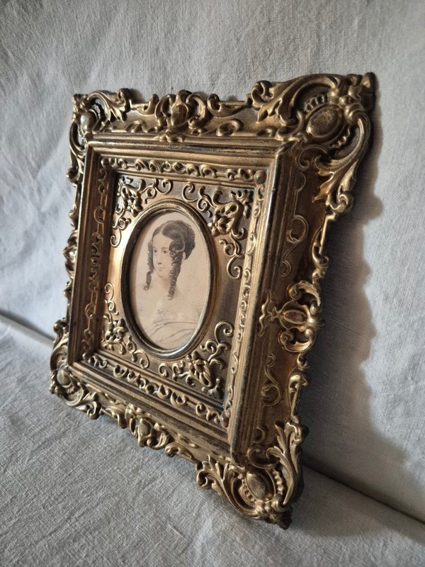 Beautiful French Antique Empire Watercolor Portrait Brass Frame 19thC