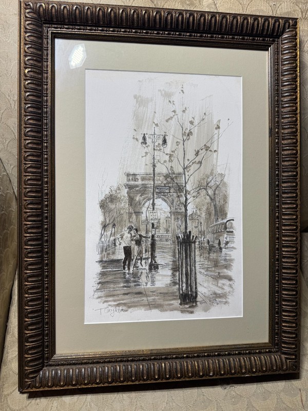 Taylor Oughton (B 1925) «Afternoon Walk» Sepia Gouache Painting – Signed/Framed
