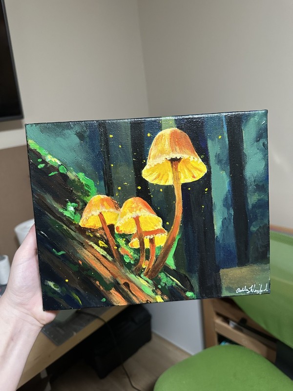 Original Glowing Mushrooms, Forest - Acrylic Painting, Canvas Art (8x10inch) gallery