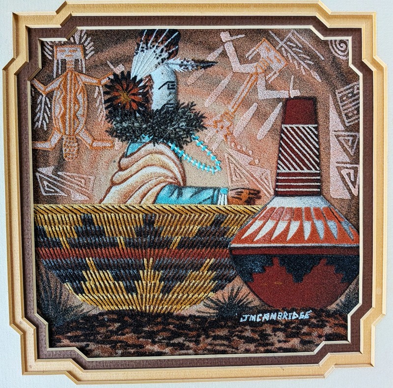 Set of Two Framed & Matted J. M. Cambridge Sand Paintings, Signed, 14.5" x 14.5" gallery