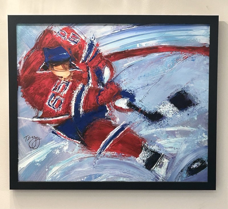 Original Acrylic Painting On Canvas Framed Hockey Player Canadian HABS Montreal