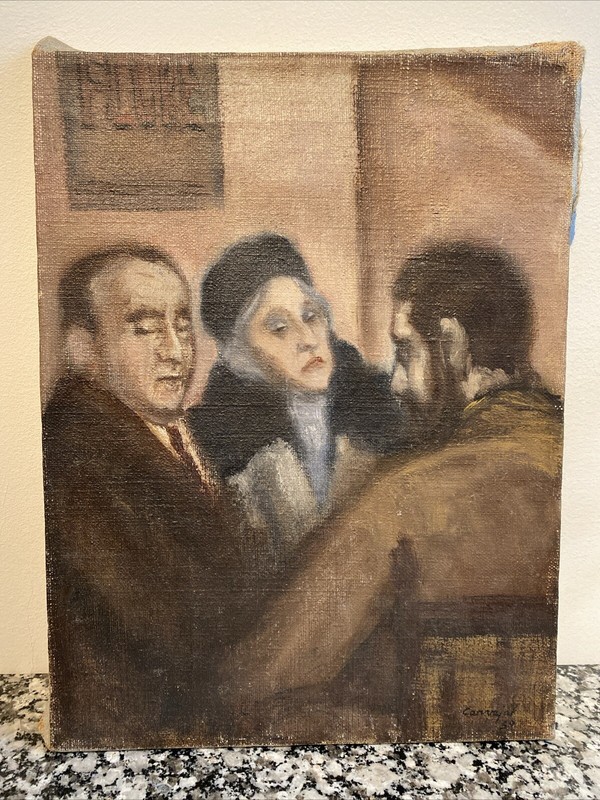 Signed 1957 Social Realist Oil on Canvas Painting of Three People Interacting gallery