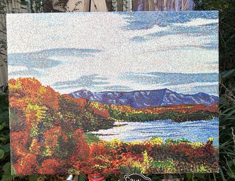Pointillist Autumn Landscape Original Acrylic Painting, Unsigned, Unframed.