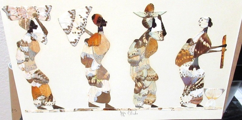 JIJA ODUKA REAL BUTTERFLY WINGS AFRICAN WOMAN HAND SIGNED PAINTING
