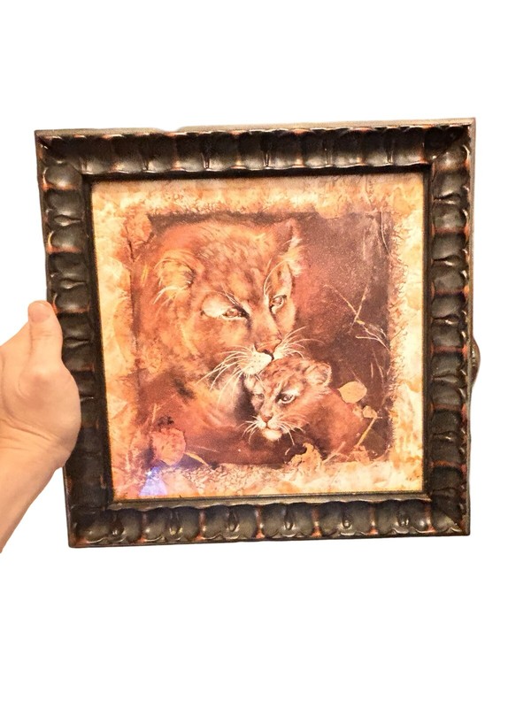 Vintage Lion And Cub Print Art Framed Print Vtg Black African Decor Frame EUC