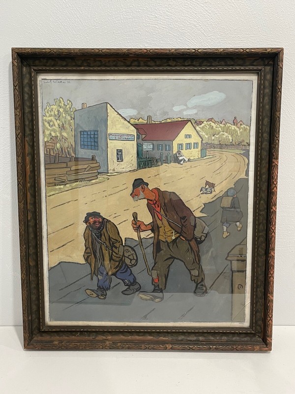 Antique German Erich Wilke Signed 1920 Gouache Painting of 2 Men & Artist Studio