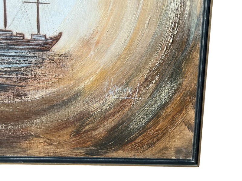 Vtg Mid Century Large Theodore J Keane Signed Oil Painting Foggy Ship 37"x37" gallery