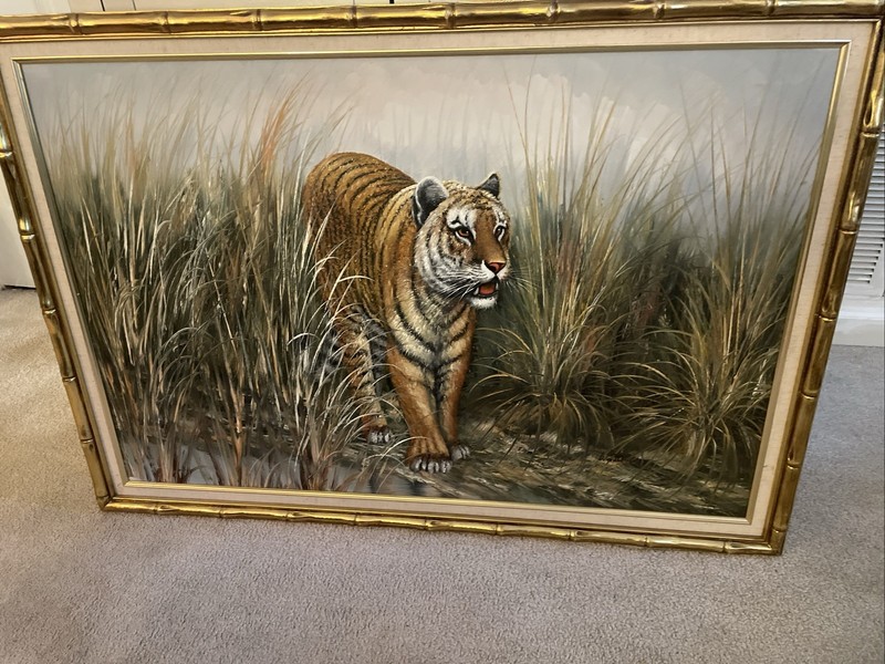 TIGER PAINTING OIL CANVAS 39.75” X 28” Signed Watson JUNGLE Animal Decor EUC