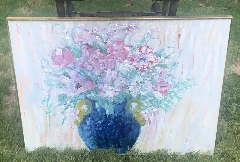 VTG Lrg Still Life Pink Roses Green Floral Blue Vase Metal Framed 30.25”T 40” W
