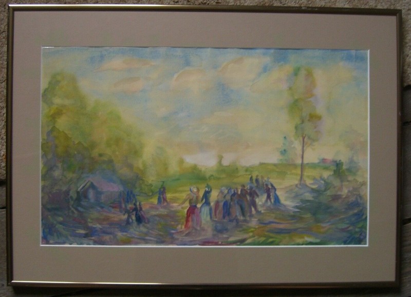 Watercolor Summer People on a Meadow Dancing Wedding Celebration Frame