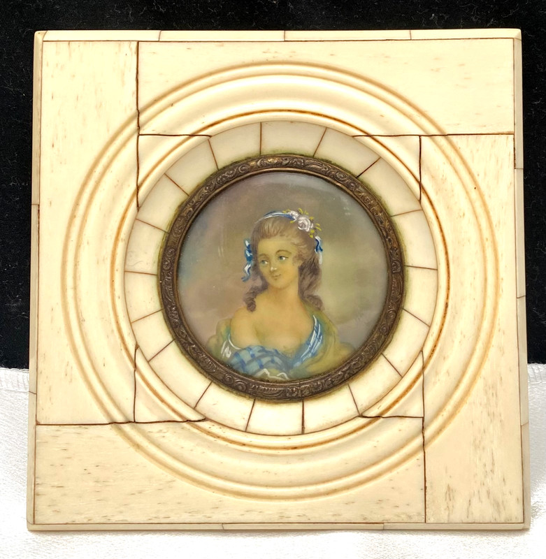 ANATOLE VELY MINIATURE PAINTING YOUNG WOMAN PORTRAIT, BRASS/SPINE FRAME c1870 vg