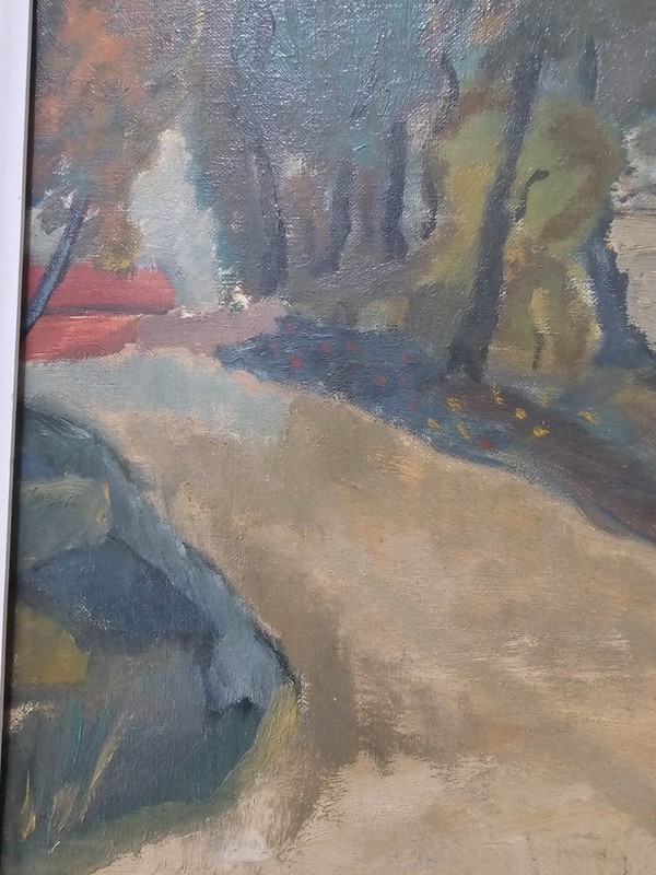 VINTAGE SCANDINAVIAN LANDSCAPE PAINTING COUNTRYSIDE OIL ON CANVAS SIGNED 1945. gallery