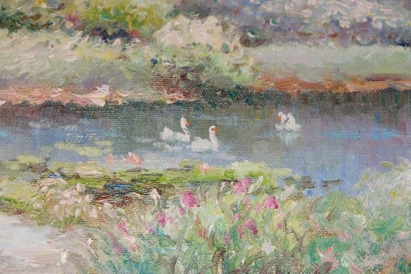 Signed Michell Original Oil Painting Landscape Lake River Still Life Flower Swan gallery