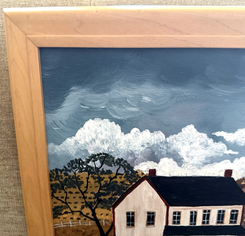 Linda M Brown Folk Art Painting Amish Quilts Vintage Large Wood Framed Signed gallery