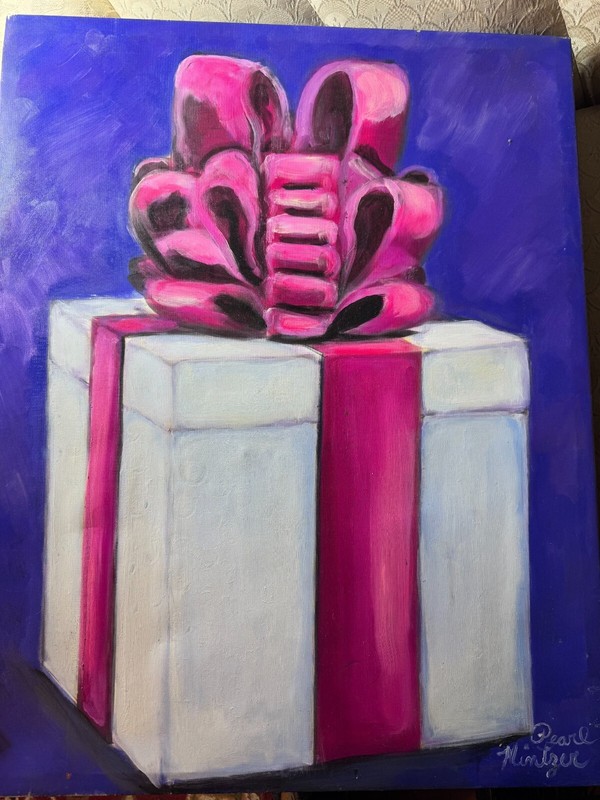 Pearl Mintzer «A Wrapped Present Scene» Oil On Canvas Painting – Signed