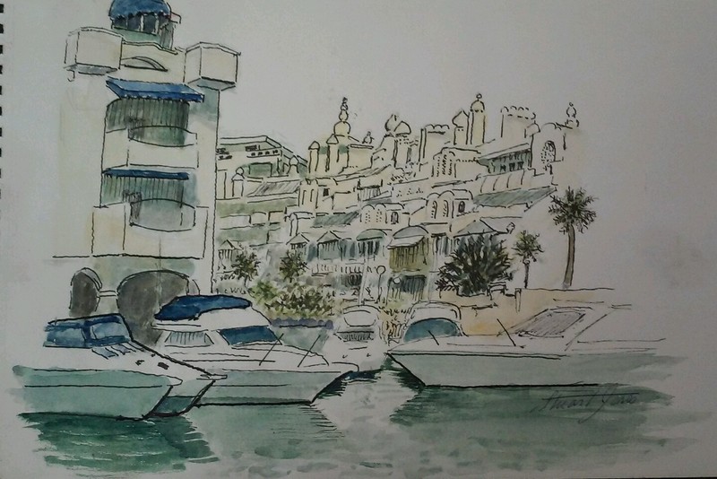 Original Watercolor w Pen & Ink Spain Spanish Inlet Riviera Stuart Jones 9x11 gallery