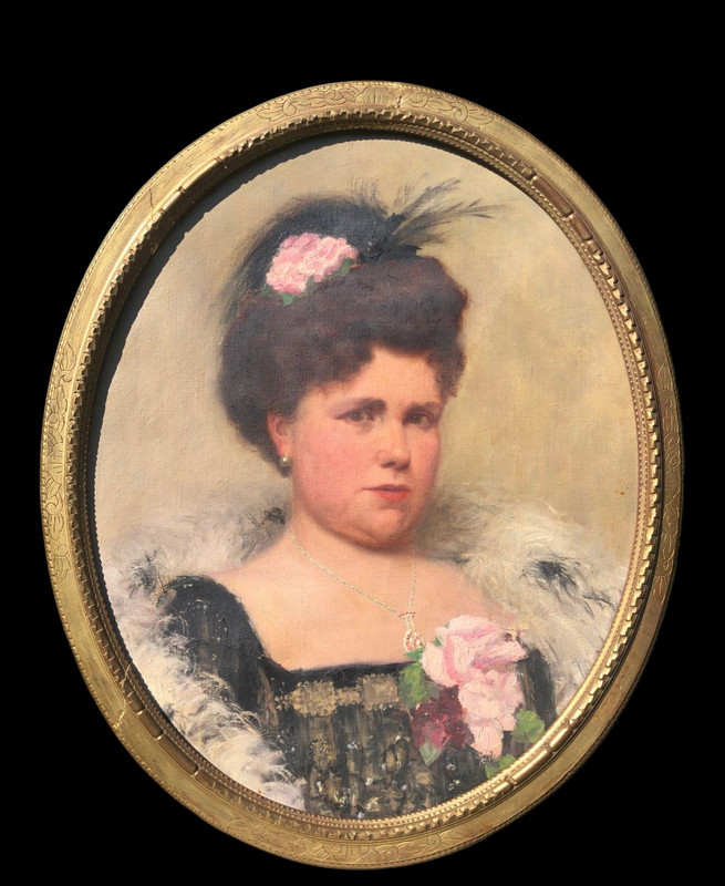 Antique Large Oval Oil on Canvas Painting Elegant Woman Portrait Early 20th C