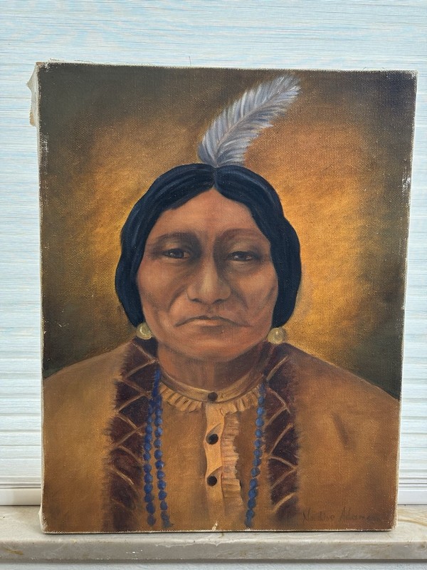 Hand Painted Oil on Canvas Sitting Bull by local Artist Nadine Adamson 14” X 11”