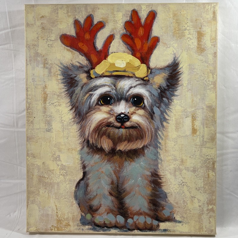 Yorkie Christmas Wall Art, Terrier Dog Reindeer Hat Holiday Canvas Decor 20×24
