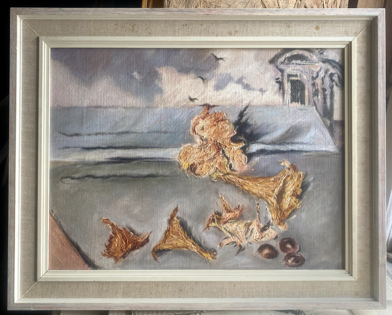 ::OIL PAINTING °STILL LIFE MUSHROOMS CHANTERELLES BEFORE ITALIAN ARCHITECTURE 1956 OIL