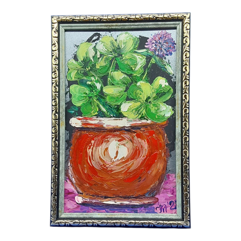 Clover 3D Original Painting Shamrock Decor for Kitchen Hendmade Wall Art OOAK