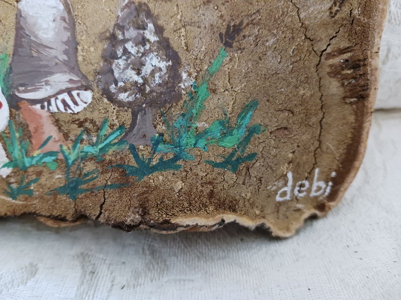 Vtg Folk Art Mushrooms Toadstools Hand Painted on Dried Mushroom Signed Cottagec gallery