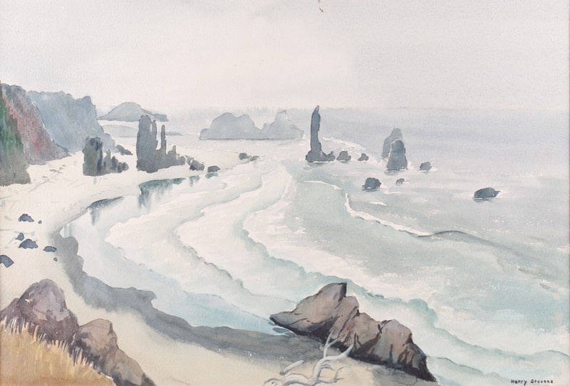 Harry Stevens (American, 20th C.) Oregon Coast Watercolor Seascape Painting