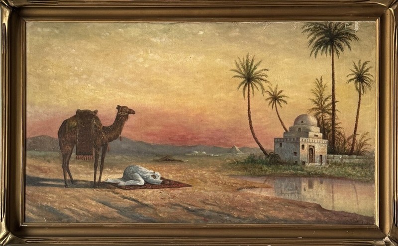 OLD ANTIQUE ORIENTAL ARAB LANDSCAPE OIL PAINTING CAMEL MAN MUSLIM ISLAMIC PRAYER