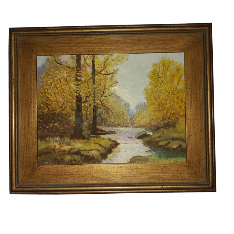 Vintage Framed Landscape Oil Painting Signed 1965 Autumn Forest Scene