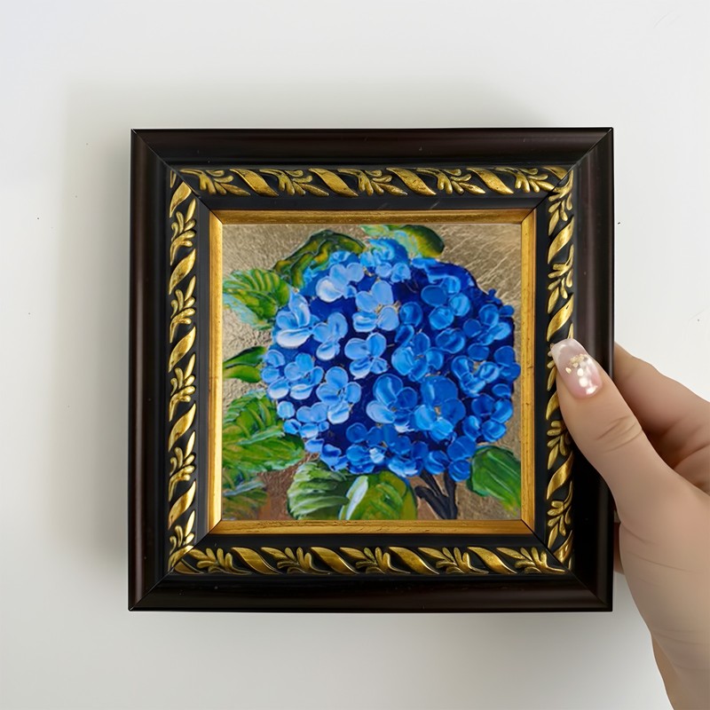 Blue Hydrangea Oil Painting on 4×4 inch Brown Gold Framed Wall Decor