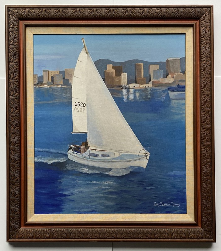 Doug Disney SD California VTG Cityscape Bay Landscape Sailboat Modern Painting