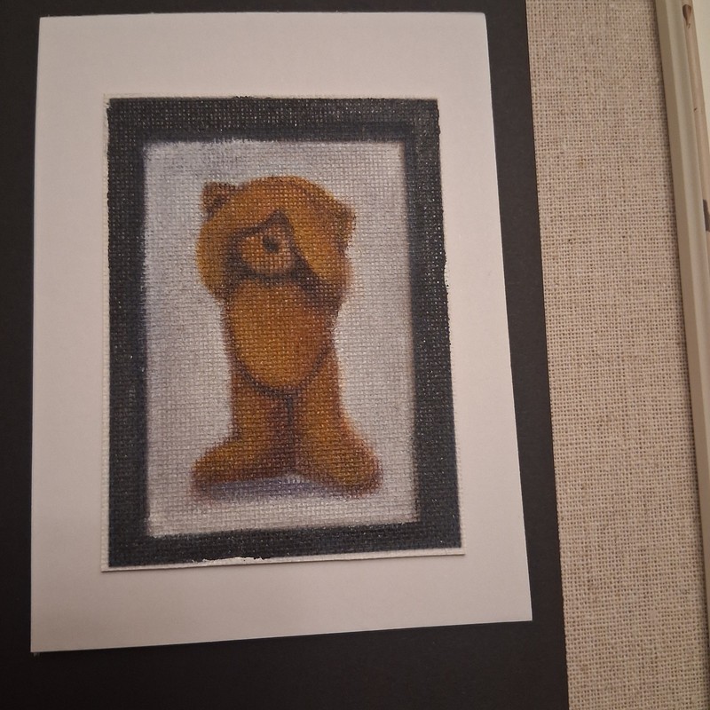 ACEO painting teddybear in a frame titled 'see no evil' by Stacy singleton gallery