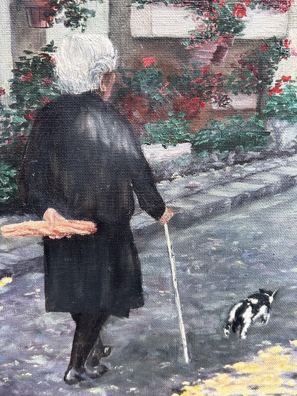 Original Oil on Canvas French Street Scene, Lady and Cat, Signed, Framed 28" gallery