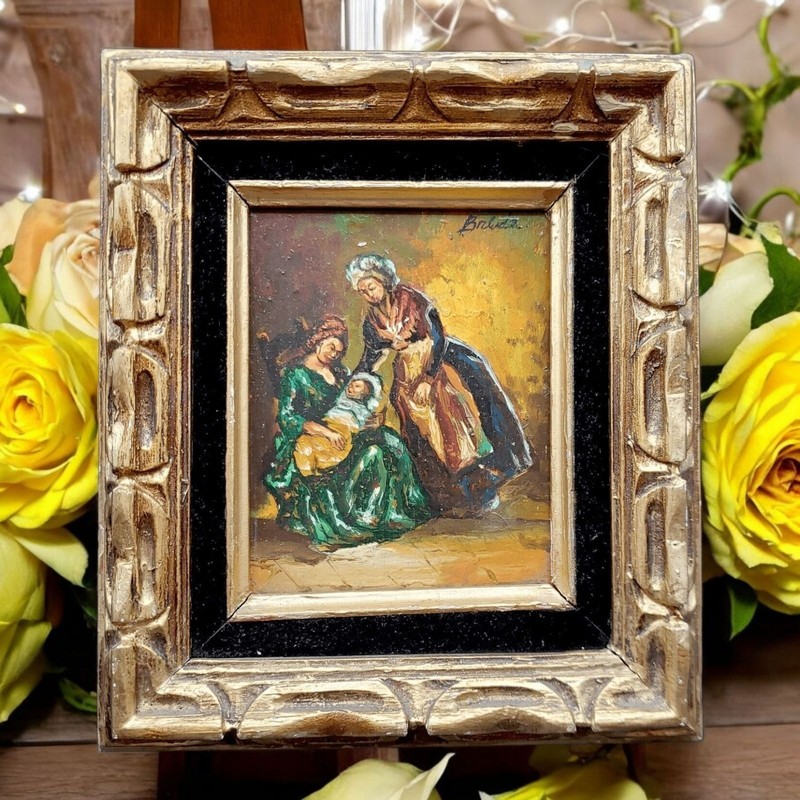 Madonna and Child Miniature Oil Painting Gold Gilt Frame Artist Signed Velvet