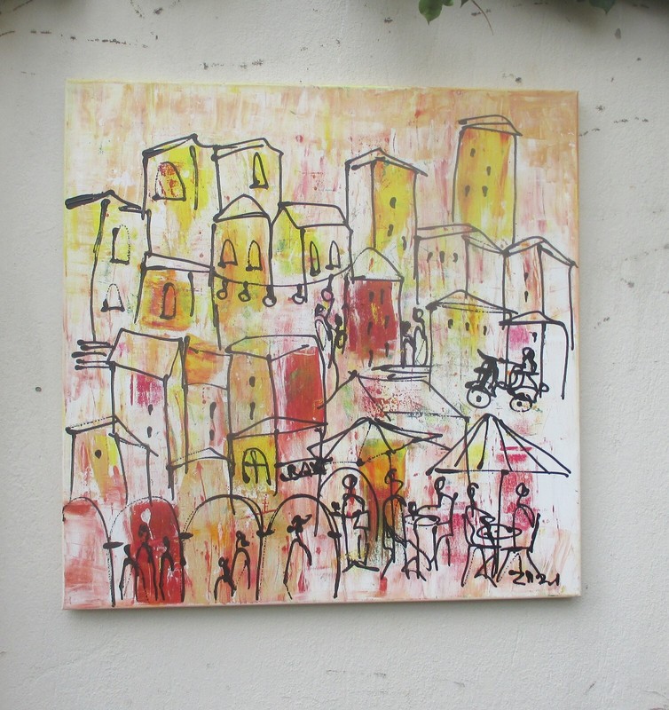 City on the River orig signed Painting 80x80cm Acrylic Picture LW Landscape Holiday Scene gallery