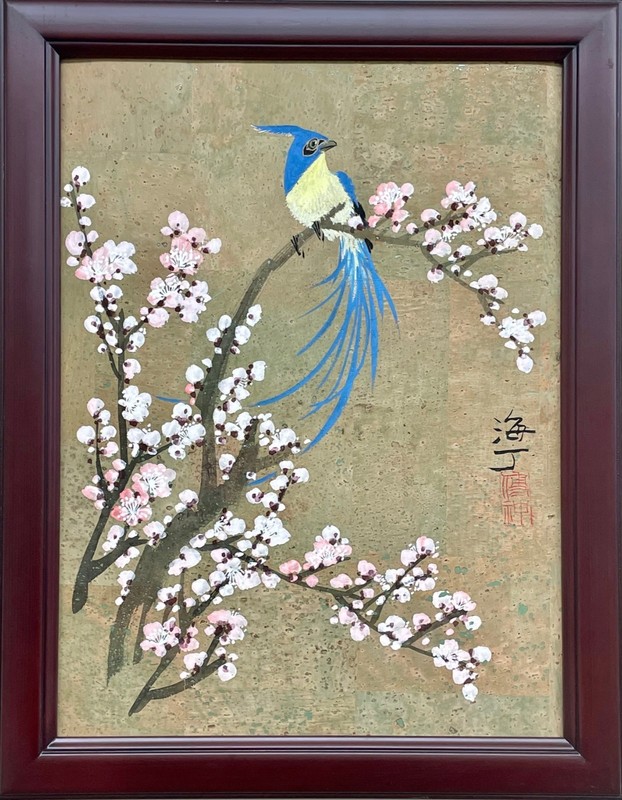 Ding «Cherry Blossom III» Hand Signed Original Painting on Cork Framed Asian Art