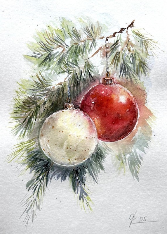 Red and White Baubles Watercolor Christmas Ornaments on Pine Branch