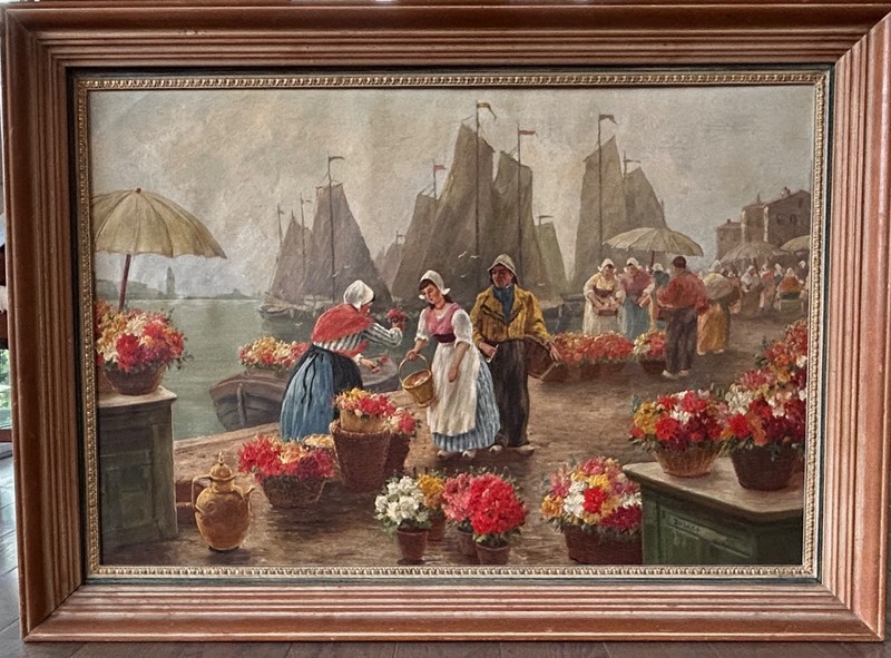 ANTIQUE PAINTING 42×30 IMPRESSIONIST COASTAL IN THE STYLE OF VREELAND
