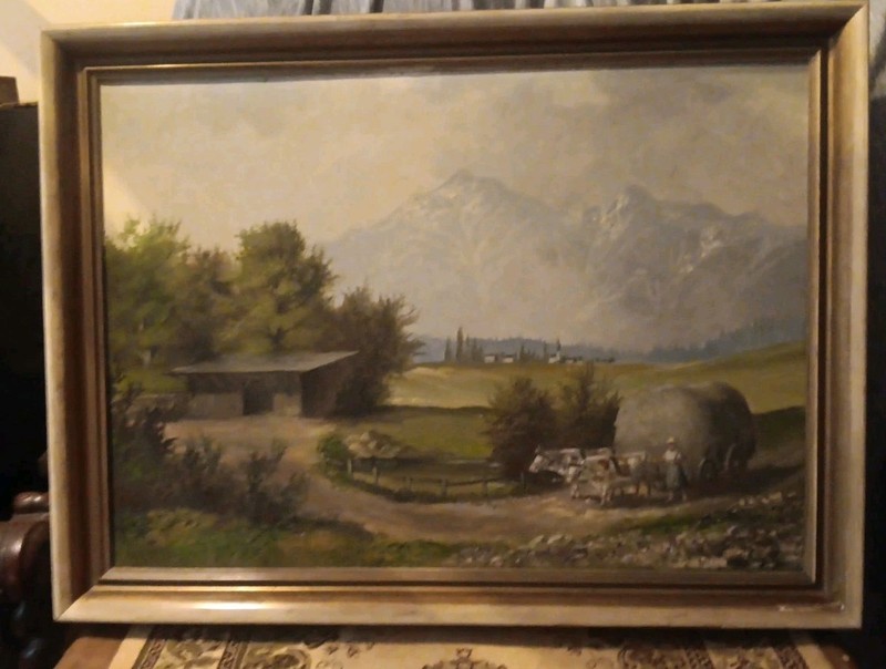 OIL PAINTING CANVAS MOUNTSCAPE WAGON COW BARN HERDER PASTURE RURAL VILLAGE32x24