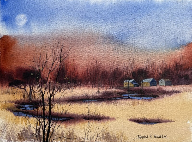 Pamela Wilhelm original 6”x8” Watercolor & Ink Autumn Serenity Golden Landscape