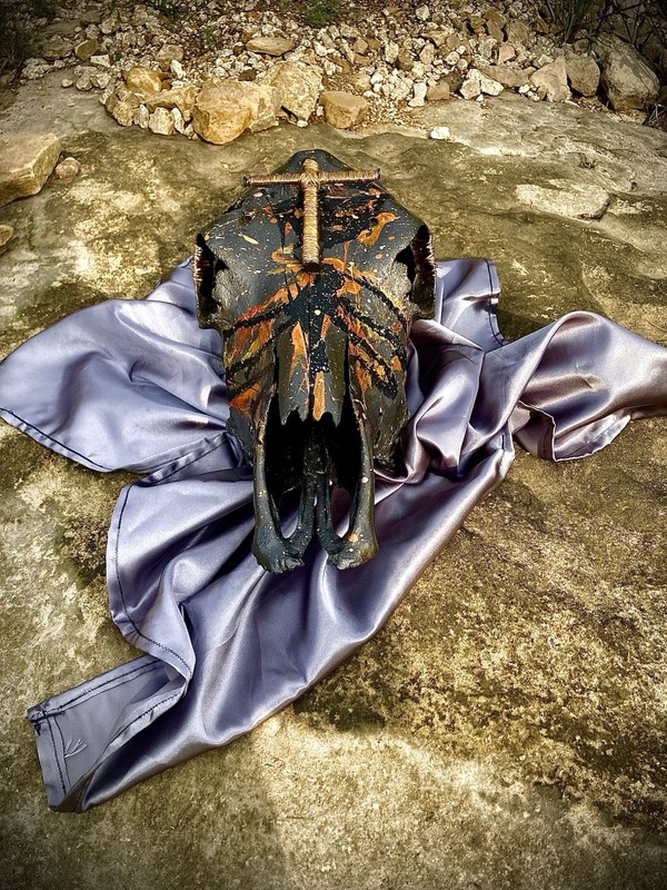Hand painted Gold, gray and black cowskull