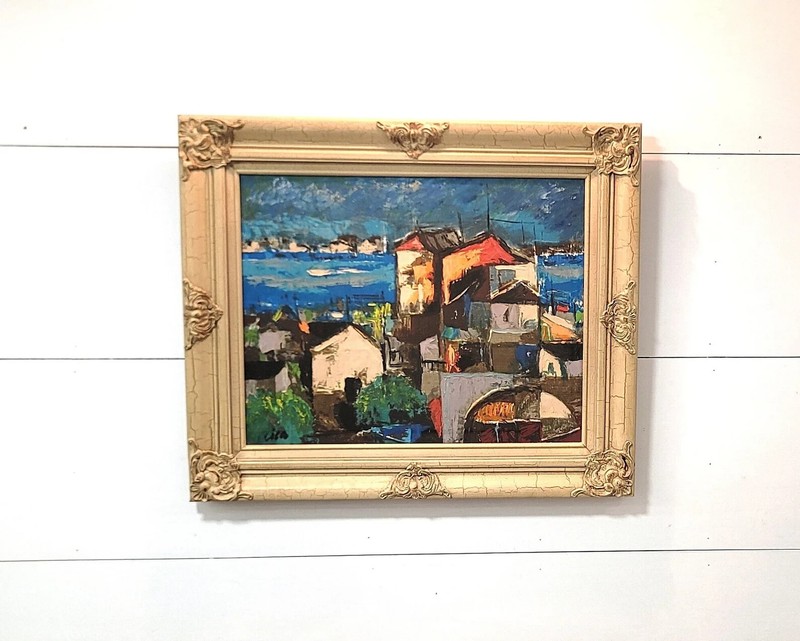 Vtg Framed Modern Abstract Cityscape Scenery Painted By Artist CISA Painting gallery