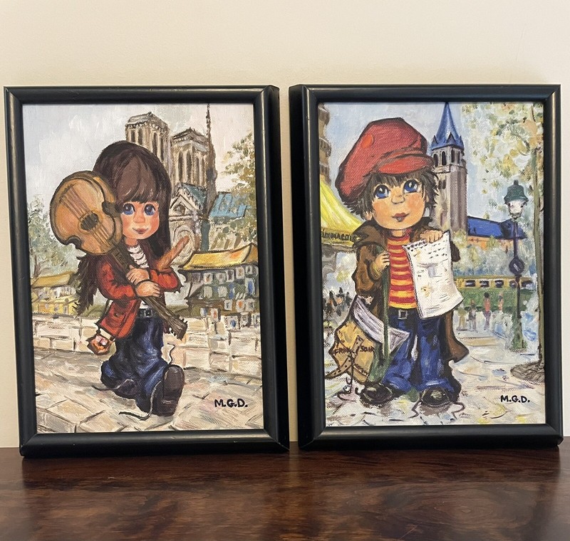 Pair Framed Vintage Big Eye Paintings Signed M.G.D. Dated 1970