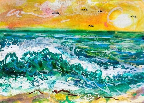 ORIGINAL ACEO Painting OCEAN Beach Waves Birds Sunset Summer Shore Sea ATC ART