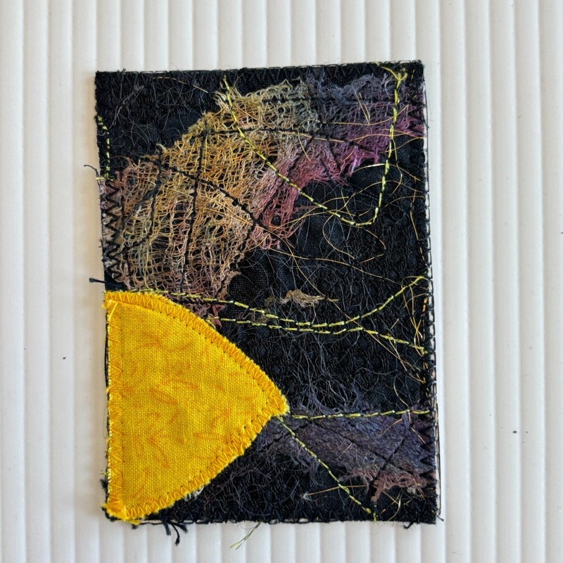 ACEO Original Art Quilt Embroidery Yellow Lemon Black Threads