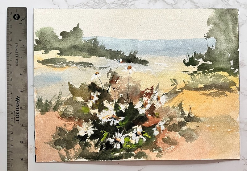 Original Watercolor Gouache Wildflower Landscape Painting 12x9 Unframed gallery