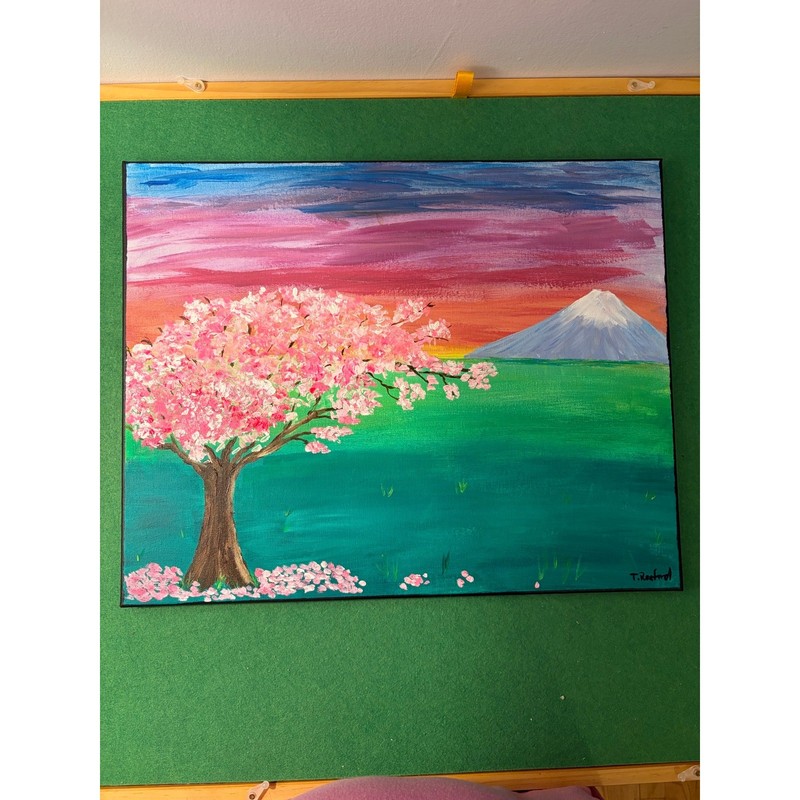 Hand painted acrylic original painting cherry blossom tree Mount Fuji Japan gallery